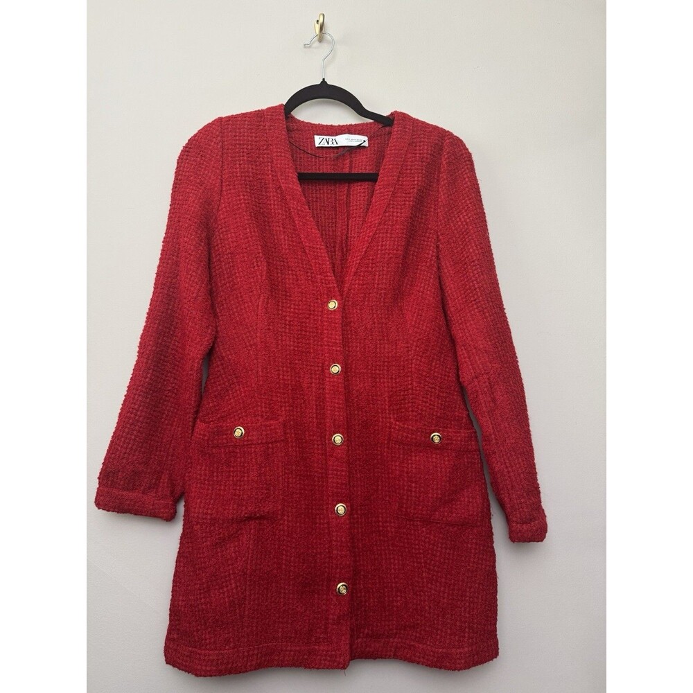 Zara Tweed Size Medium Red Gold Button Tunic Cardigan Long Womens